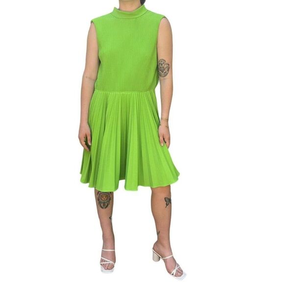 Vintage 1960s Womens Burt Stanley Lime Green Pleated Retro Mid Mod Mini Dress - Picture 2 of 13